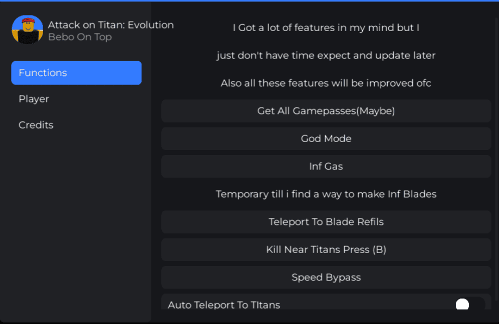 Roblox Attack on Titan Revolution Script Bebo Hub Functions
