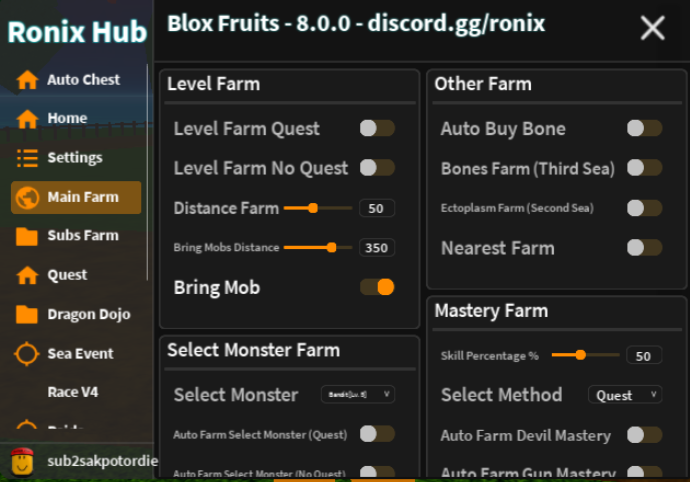 Roblox Blox Fruits Script Ronix Hub GUI