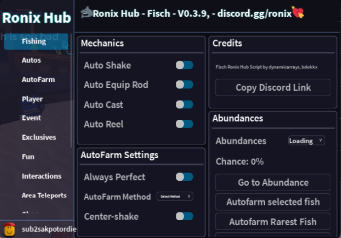 Roblox Fisch Script Ronix Hub GUI